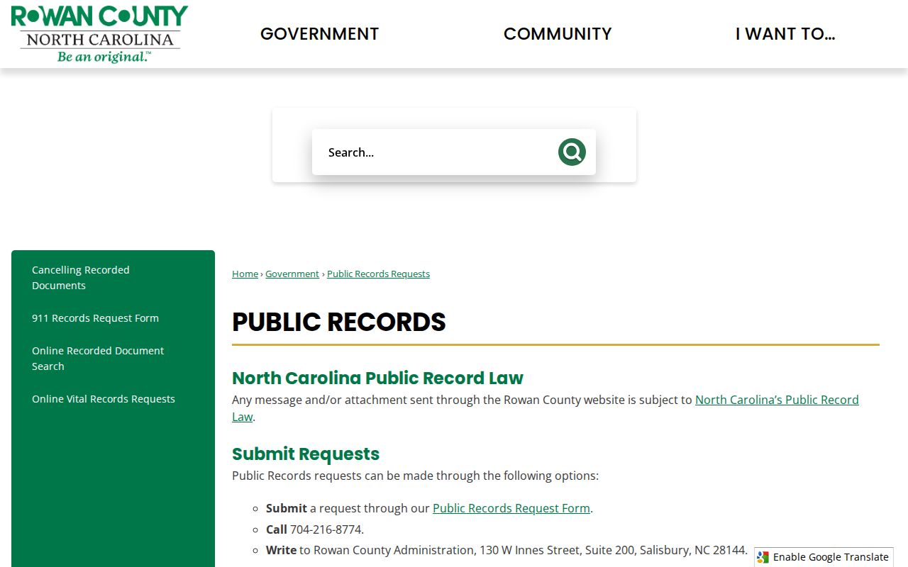 Rowan County public records request page