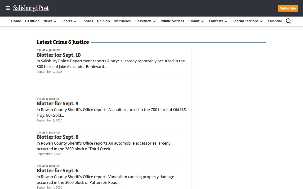 Salisbury Post Crime and Justice page used for Rowan County arrest reporting context