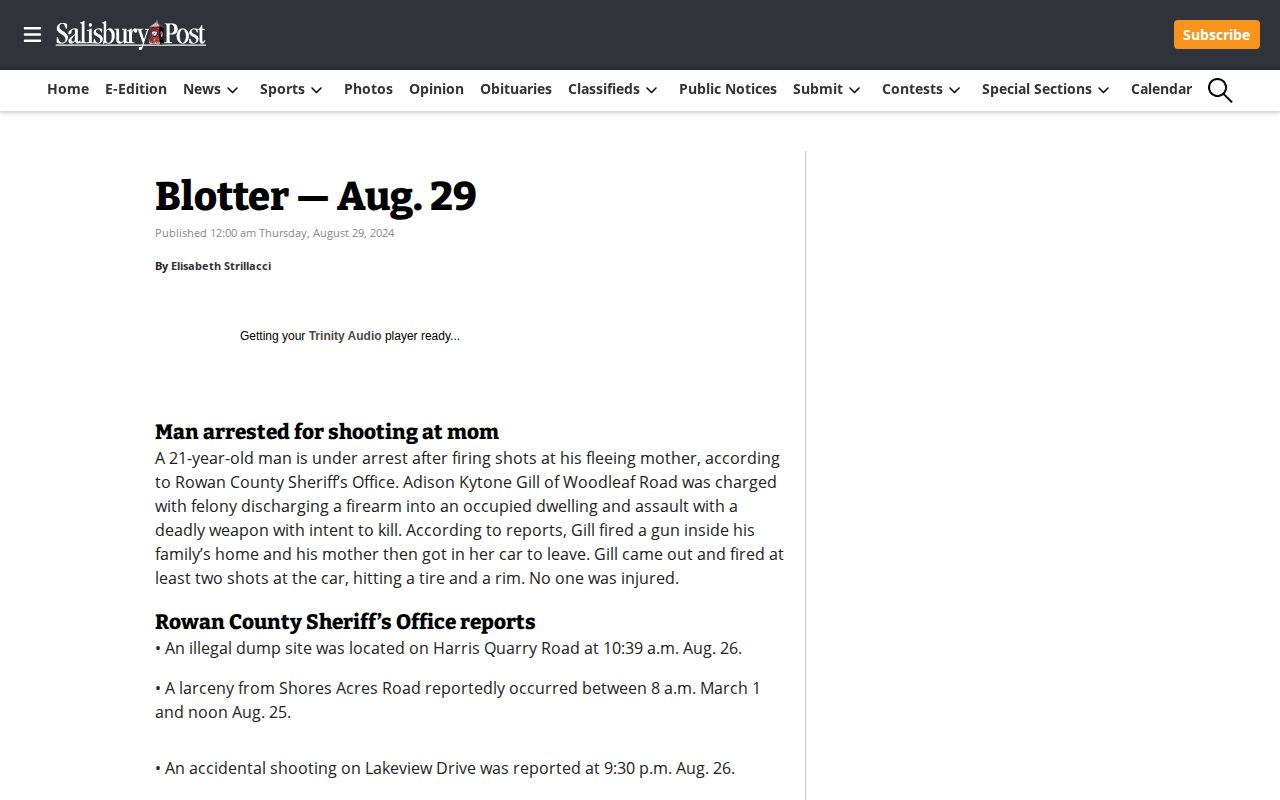 Salisbury Post dated Rowan County blotter article