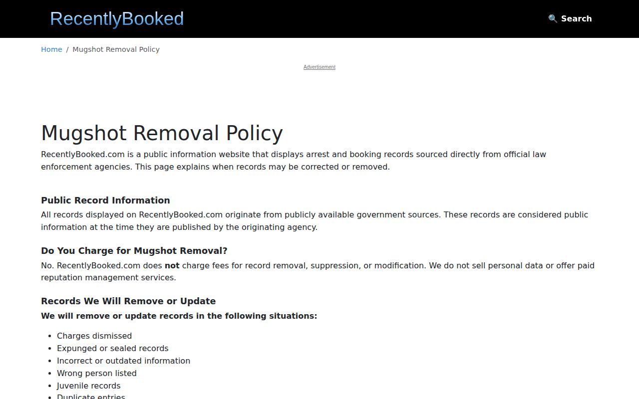 RecentlyBooked documentation-based removal policy page