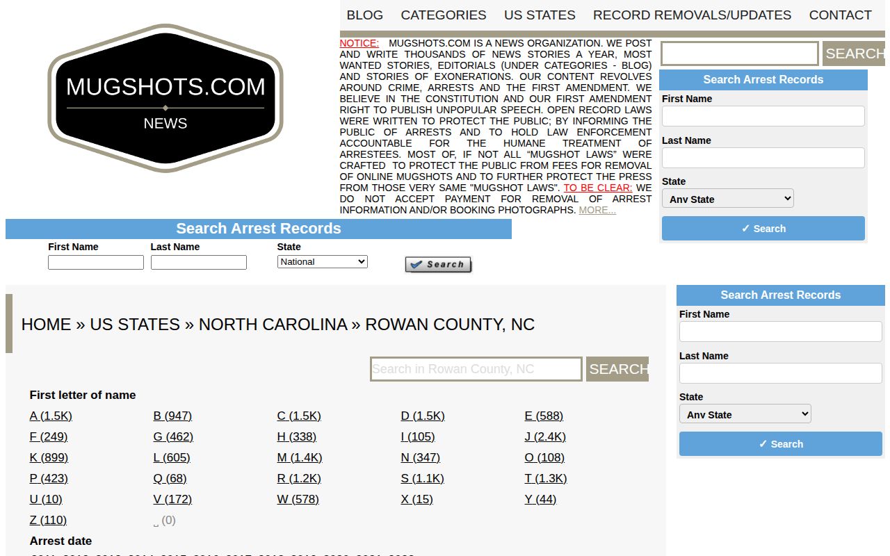Unofficial Mugshots.com Rowan County archive interface